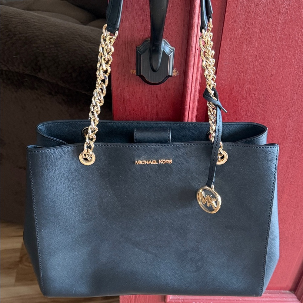 Michael Kors Black Leather Tote with Gold Chain Straps